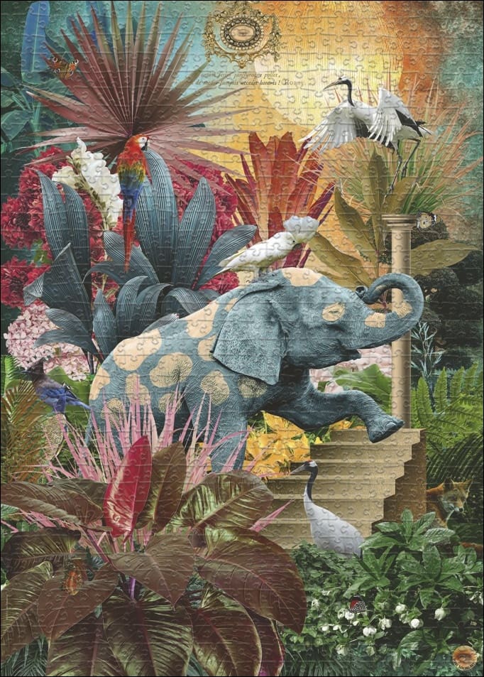 Éléphant bleu dans jardin tropical avec fleurs et oiseaux