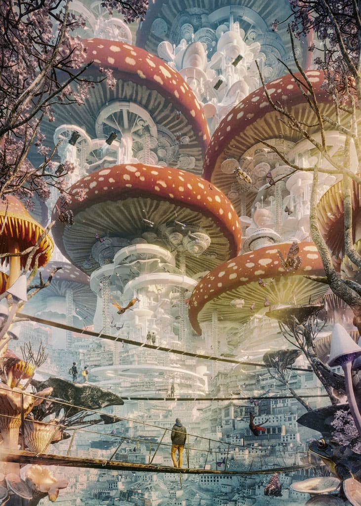 Champignons géants rouges surplombant une ville futuriste fantastique