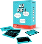 Jeu de société AU PIF avec boîte turquoise et cartes questions