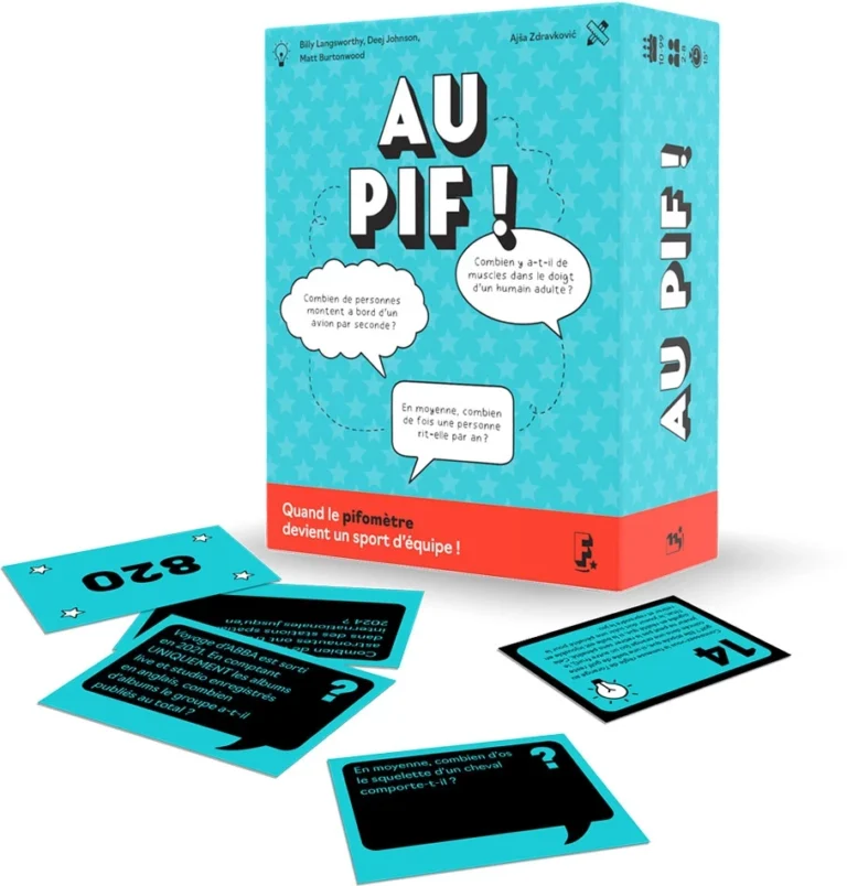 Jeu de société AU PIF avec boîte turquoise et cartes questions
