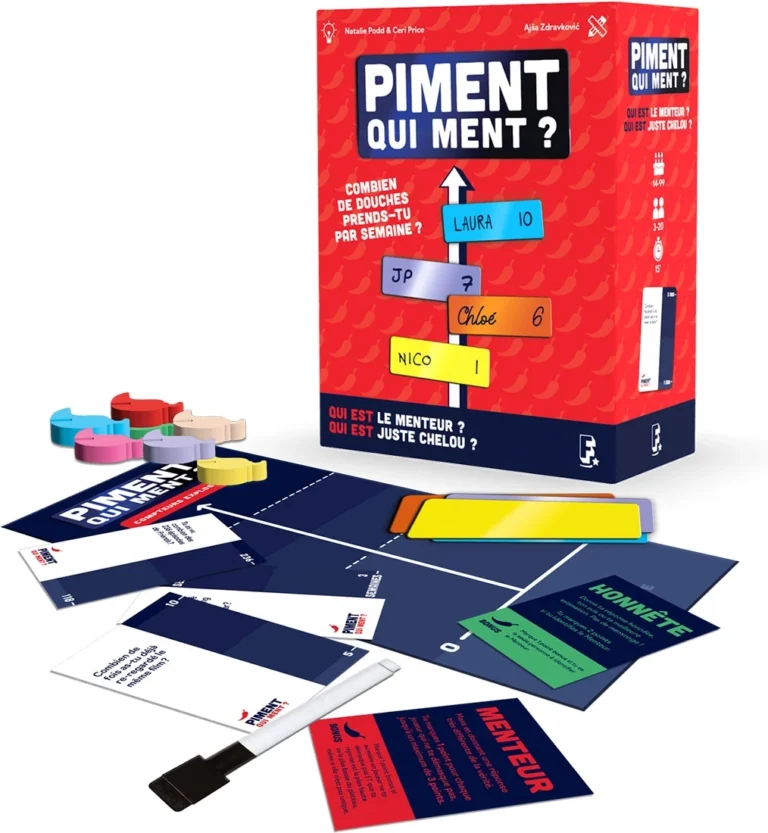 Jeu de société Piment qui Ment avec boîte rouge et cartes colorées