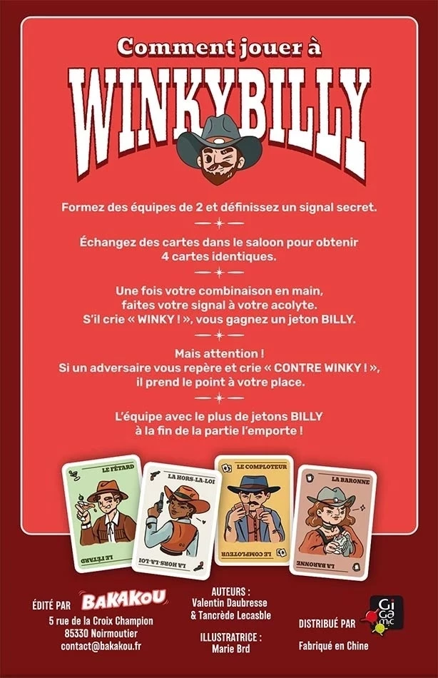 Instructions jeu Winky Billy avec cartes western colorées