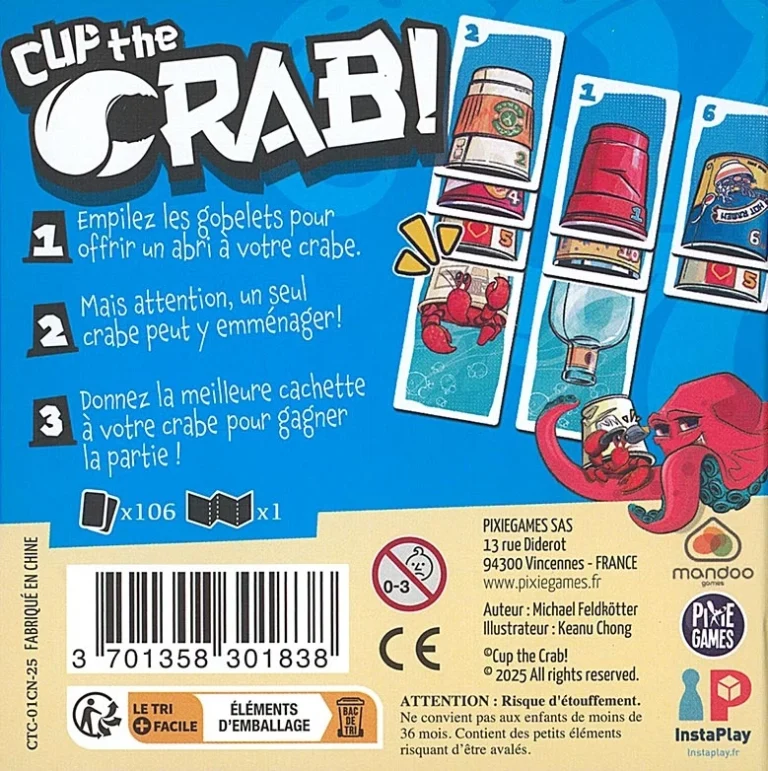 Cup the Crab jeu de cartes avec gobelets et crabes colorés