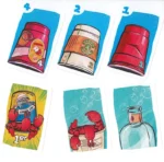 Six cartes à collectionner numérotées avec illustrations colorées