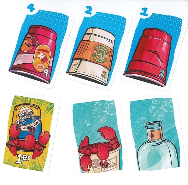 Six cartes à collectionner numérotées avec illustrations colorées