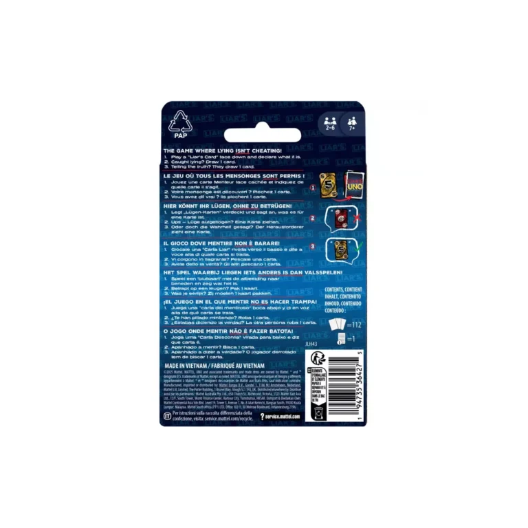 Emballage jeu de cartes Uno Menteurs avec instructions multilingues