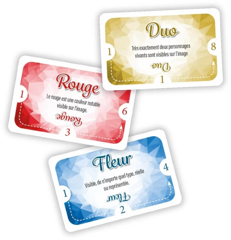 Trois cartes de jeu colorées Duo, Rouge, Fleur