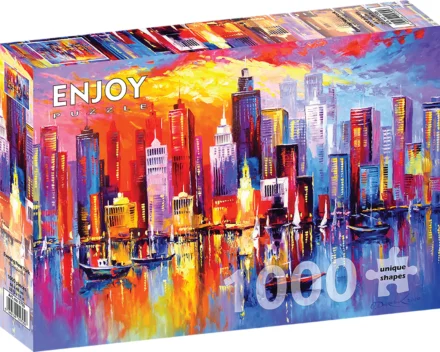 Boîte puzzle skyline colorée au coucher du soleil
