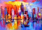 Skyline coloré au coucher du soleil et voiliers