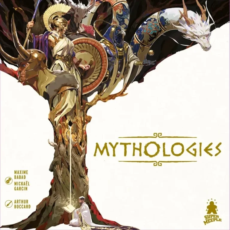 Illustration mythologique avec guerrier, dragon et arbre géant