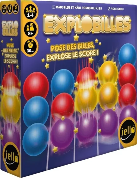 Boîte du jeu Explobilles avec billes colorées