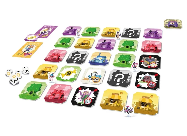 Plateau de jeu coloré avec tuiles et pions