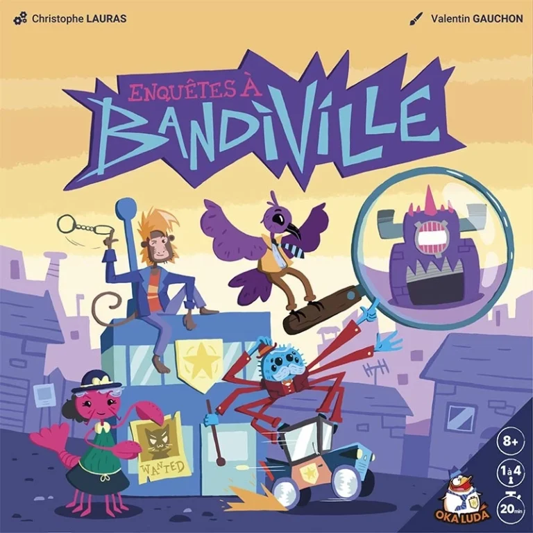 Couverture jeu Enquêtes à Bandiville illustrée colorée