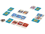 Jeu de société avec cartes bleues, rouges et jetons