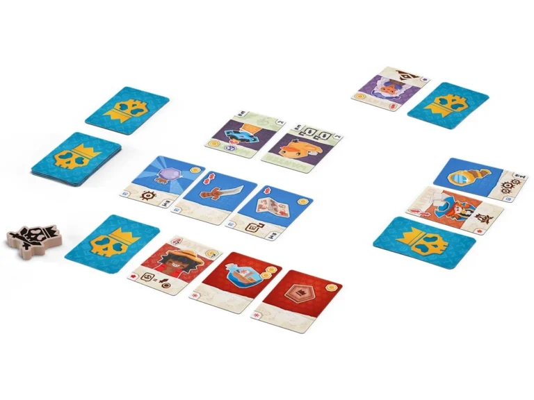 Jeu de société avec cartes bleues, rouges et jetons