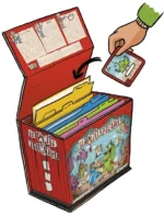Boîte rouge avec dossiers colorés et carnet de dessin