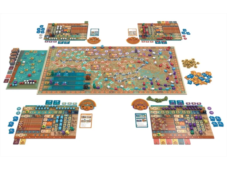 Jeu de société complet avec plateau, cartes, pions colorés