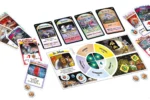 Jeu de société futuriste avec cartes, plateau et jetons