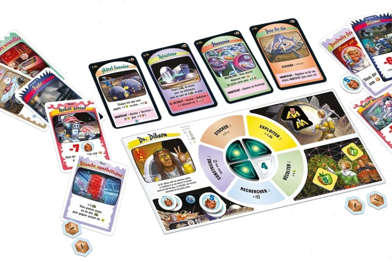Jeu de société futuriste avec cartes, plateau et jetons