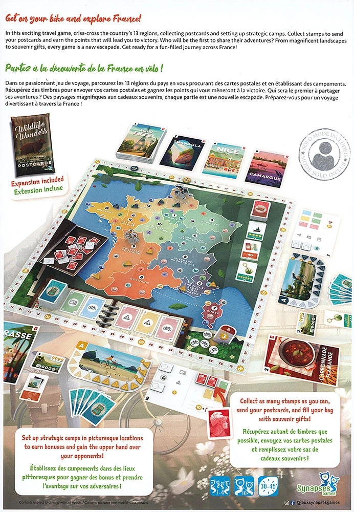 Jeu de société France exploration vélo cartes postales régions
