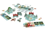 Jeu de société avec plateaux hexagonaux, cartes et figurines colorées