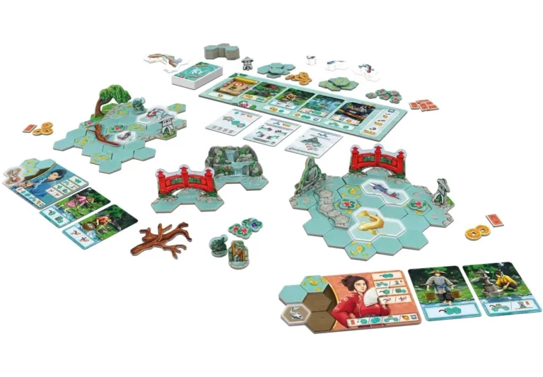 Jeu de société avec plateaux hexagonaux, cartes et figurines colorées