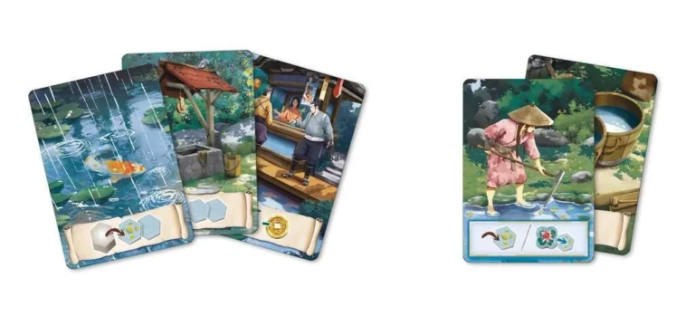 Cartes de jeu illustrées avec scènes nature et personnages asiatiques