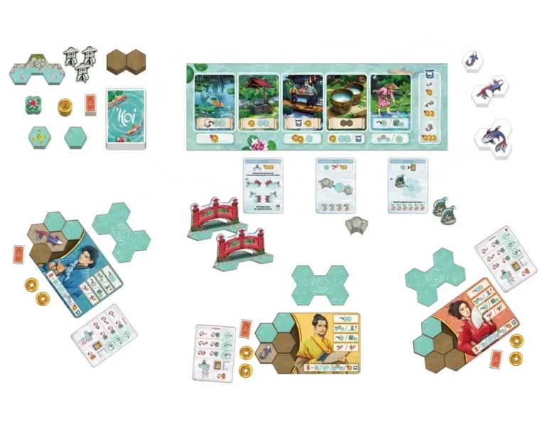 Contenu complet jeu de société Koi tuiles hexagones cartes