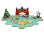 Jeu de plateau asiatique avec pont rouge, statue Bouddha et lanternes