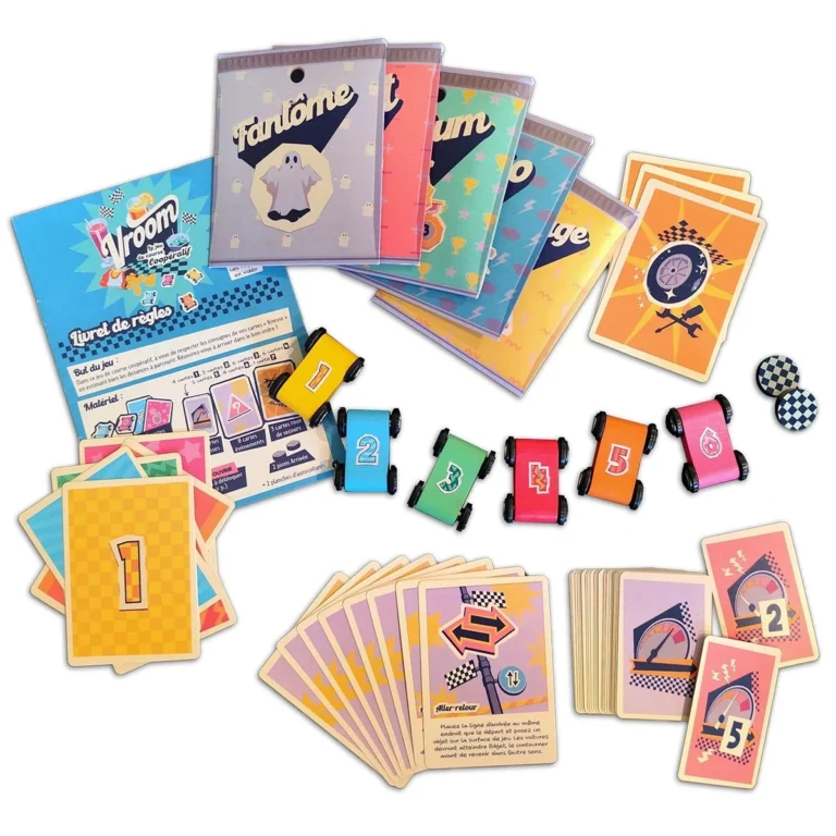 Jeu de société Vroom avec voitures colorées et cartes