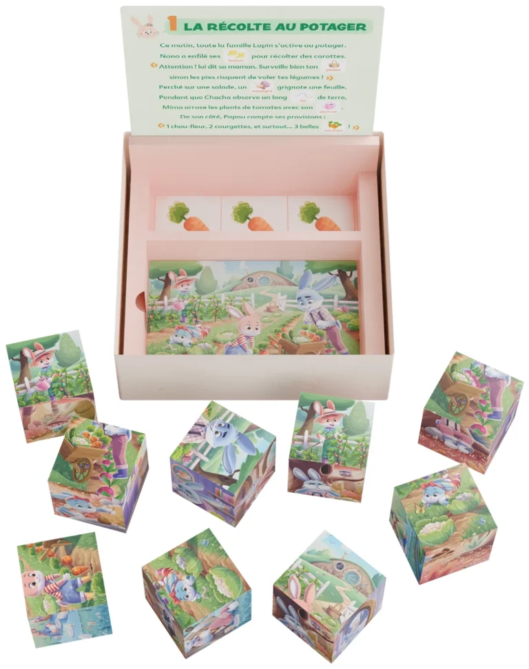 Jeu éducatif récolte potager famille Lapin cubes histoire
