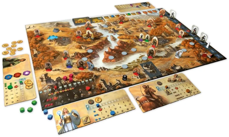 Jeu de société avec plateau, pions, dés et cartes colorées