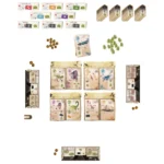 Jeu de société dinosaures avec cartes, pions et jetons
