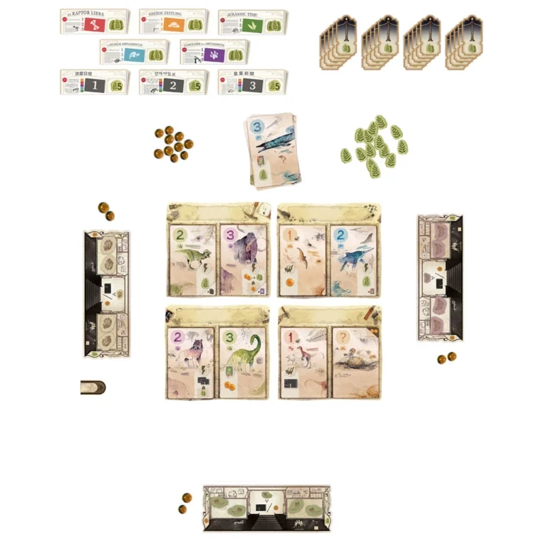 Jeu de société dinosaures avec cartes, pions et jetons