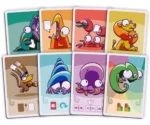 Huit cartes colorées avec créatures fantaisistes et personnages amusants