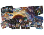 Jeu de société spacial avec cartes, plateau et composants colorés