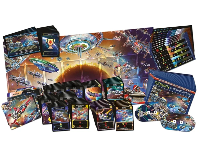 Jeu de société spacial avec cartes, plateau et composants colorés