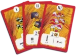 Trois cartes de jeu colorées avec numérotation et illustrations