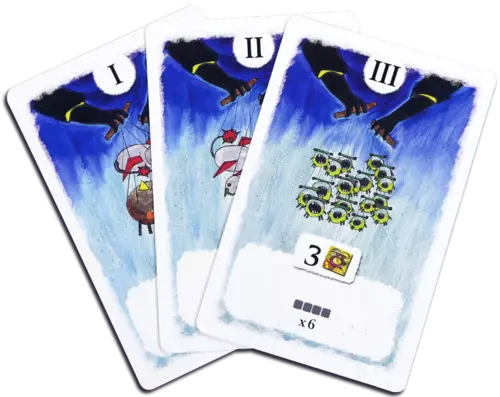 Trois cartes de jeu hivernales avec illustrations nuages bleus