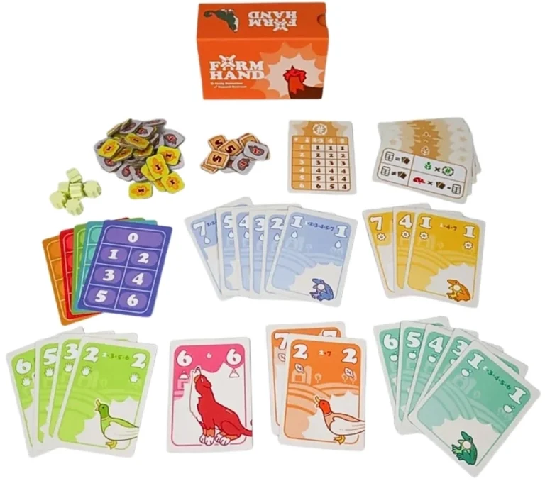 Contenu du jeu de société Farm Hand avec cartes et jetons