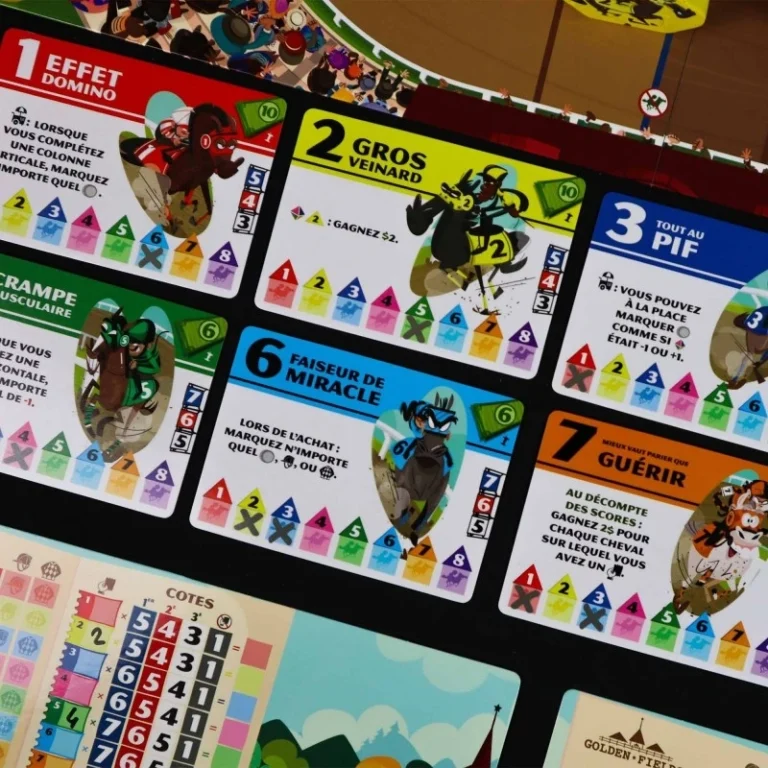 Cartes de jeu colorées avec personnages et symboles numérotés
