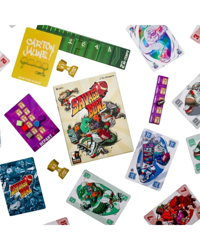 Collection de jeux de société colorés incluant Savage Bowl