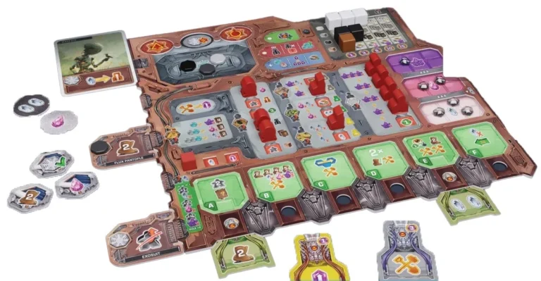Jeu de société futuriste avec plateau modulaire et pions colorés