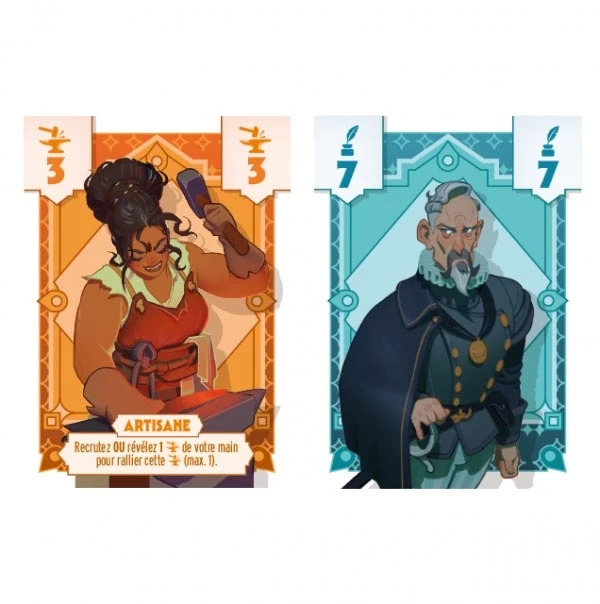 Deux cartes de jeu illustrées avec personnages stylisés