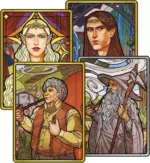 Quatre cartes fantasy illustrant des personnages elfes et magiciens stylisés