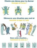 Guide émotionnel avec personnages illustrant danses et situations