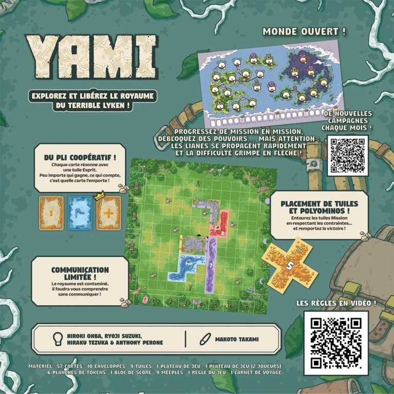 Affiche de jeu de société Yami avec plateau et règles