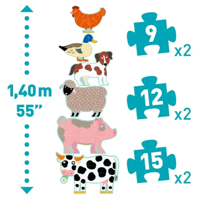 Puzzle empilé avec animaux de ferme colorés et pièces numérotées