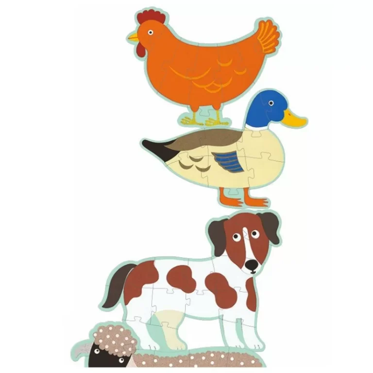 Puzzle empilé avec poule, canard, chien et hérisson