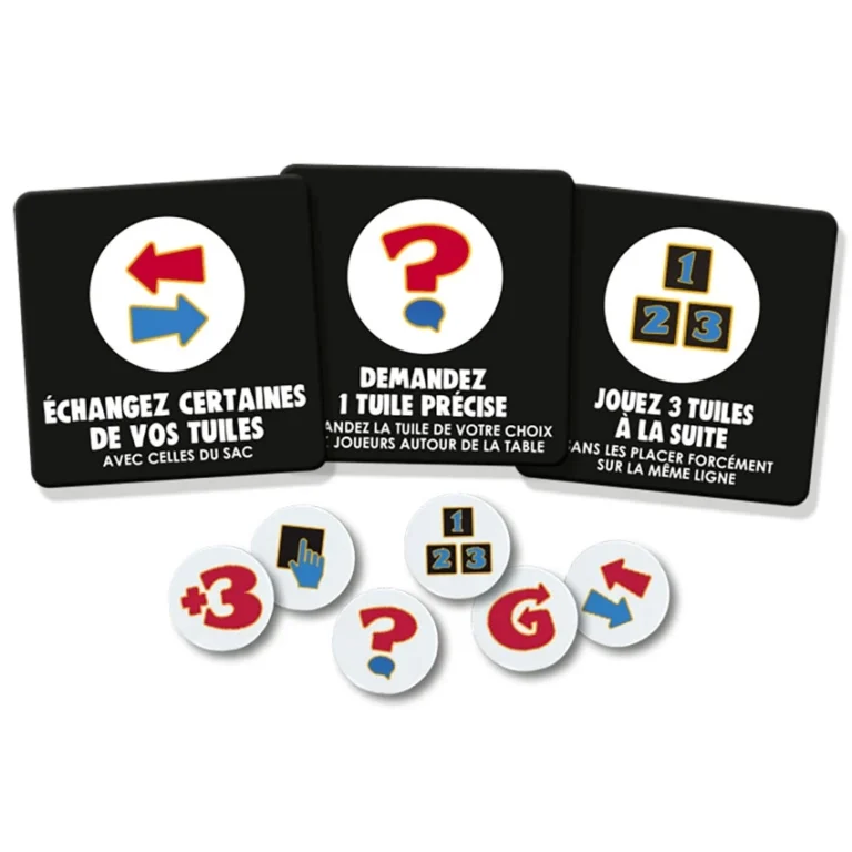 Cartes de règles jeu avec jetons numérotés multicolores